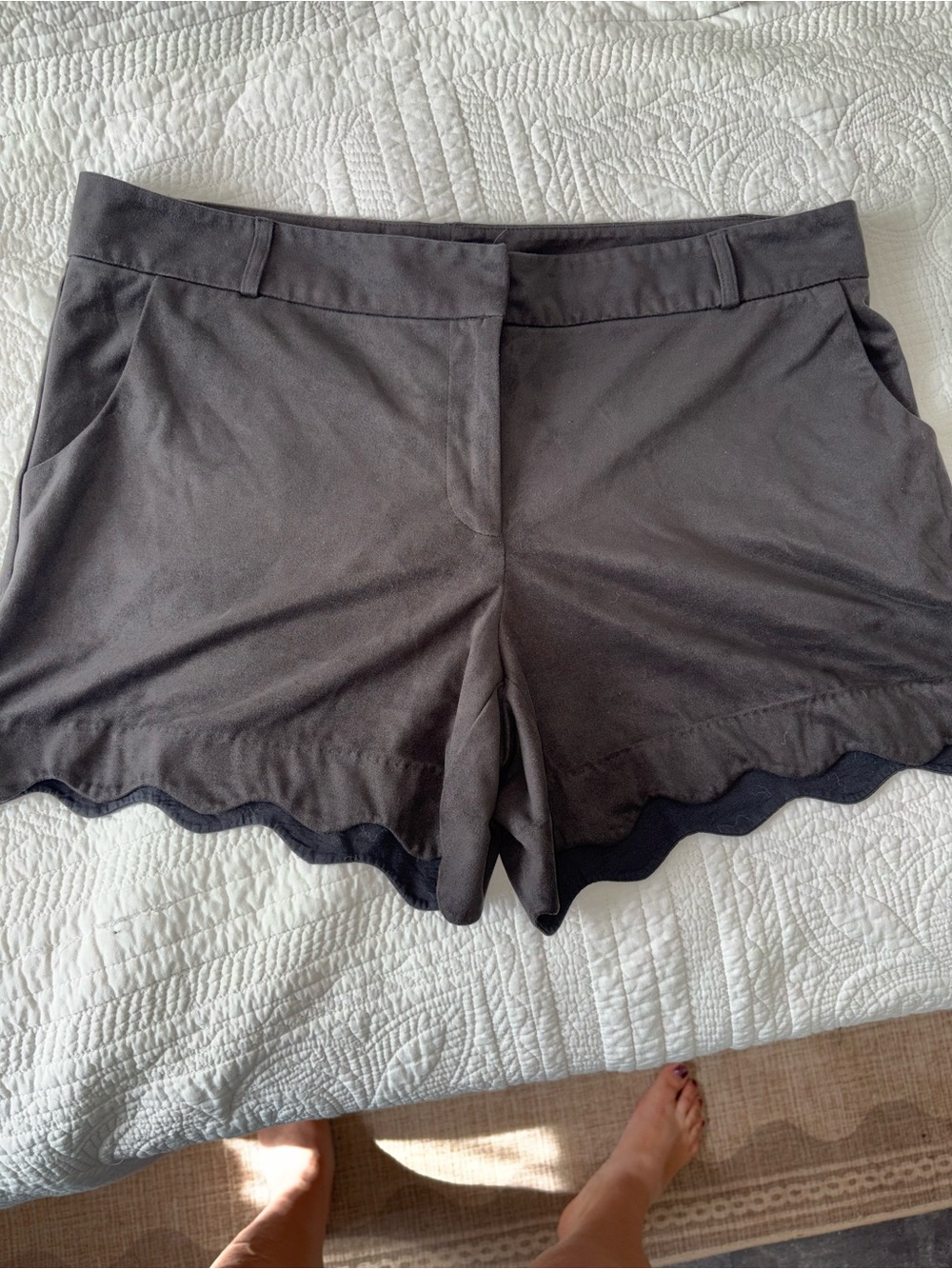 Women's Black Scalloped Hem Shorts-faux suede